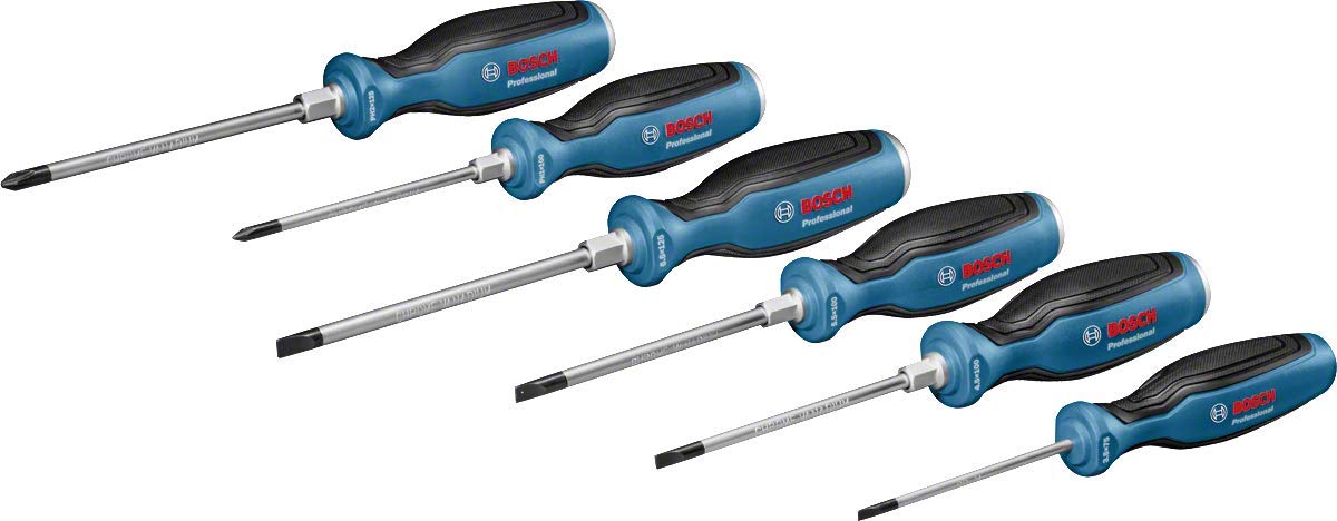 Bosch 6 Piece Set, Cross and Slotted Screwdrivers, Continuous Blade Steel Cap, Intaglio