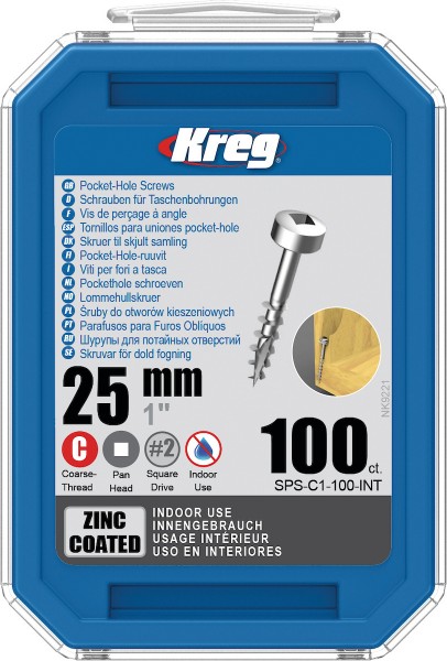 Kreg Pocket-Hole Screws 25 mm, Zinc Coated, Pan-Head, Coarse Thread, 100 piece SPS-C1-100-INT
