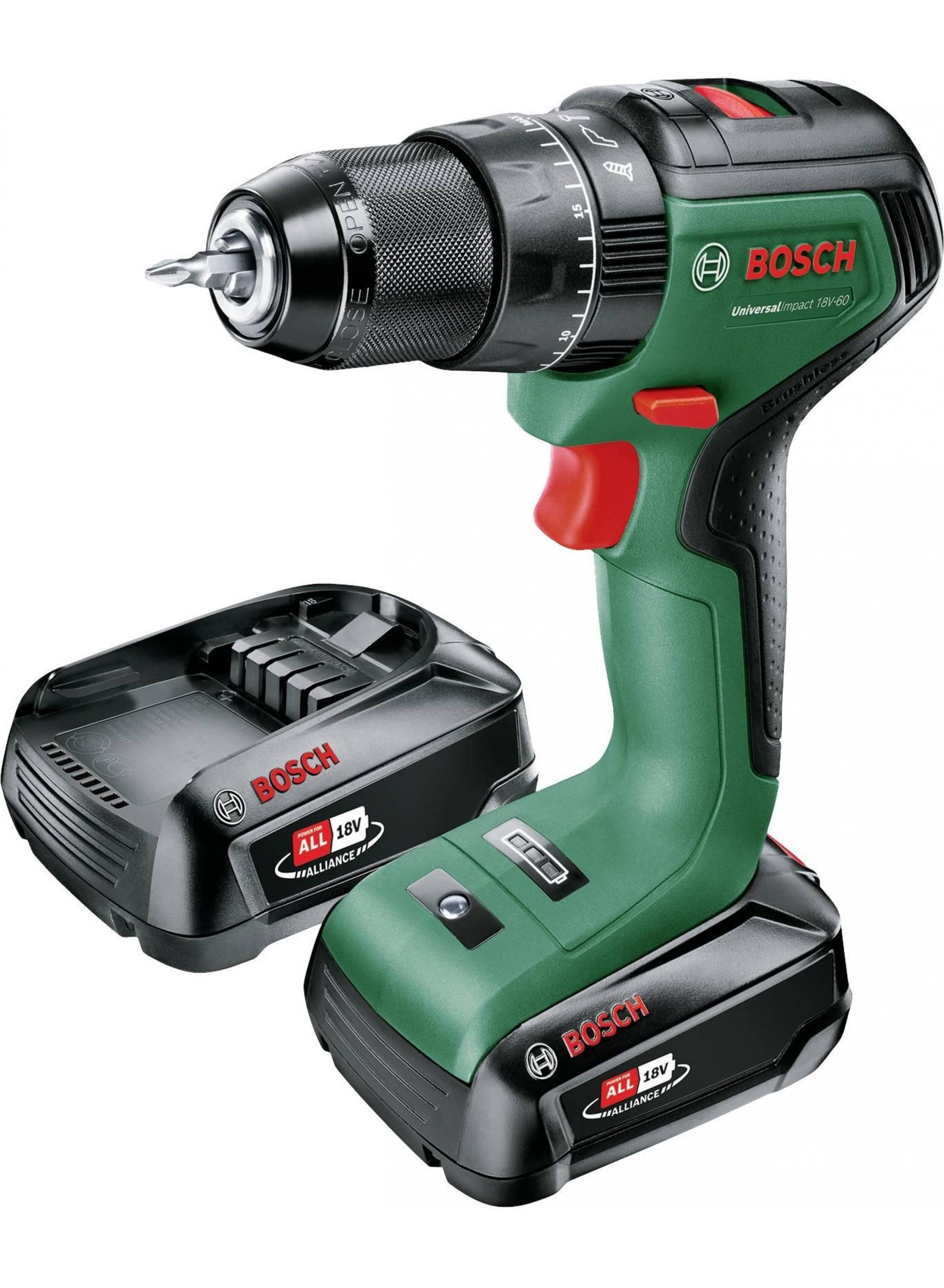 BOSCH UNIVERSALIMPACT 18V-60 CORDLESS HAMMER DRILL WITH TWO POSITIONS IN CASE (2X 2.0AH Battery)