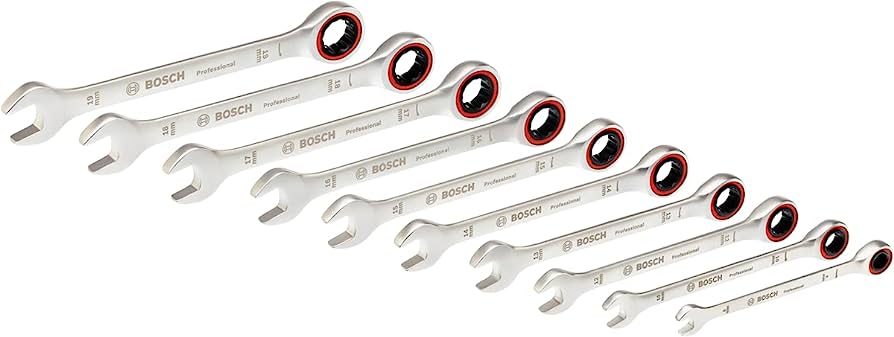 Bosch 10-Piece Fixed and Ring Wrench Set with Ratchet, 8-19 mm