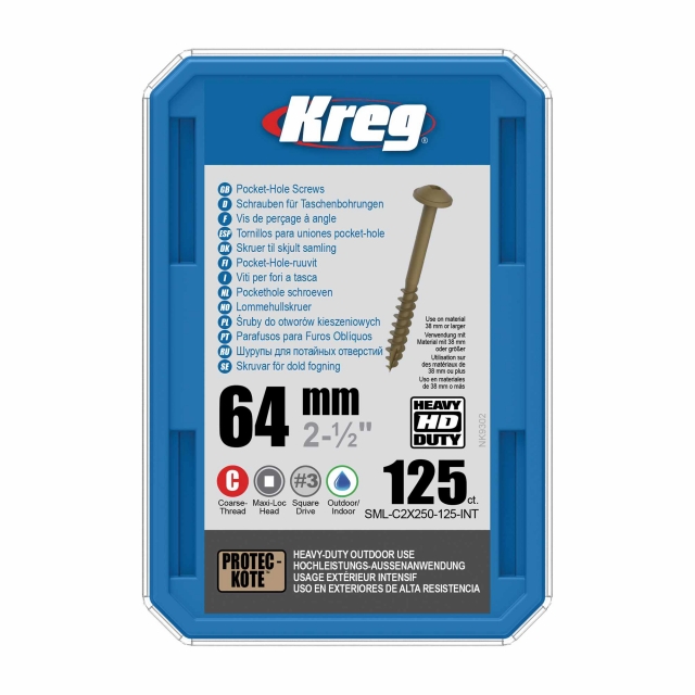 Kreg HD Pocket-Hole Screws 64 mm, Protec-Kote?, Maxi-Loc, Coarse Thread, 125 piece SML-C2X250-125-INT