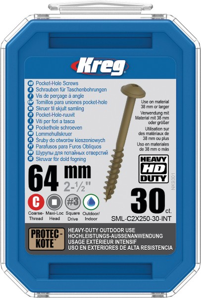 Kreg HD Pocket-Hole Screws 64 mm, Protec-Kote™, Maxi-Loc, Coarse Thread, 30 piece SML-C2X250-30-INT