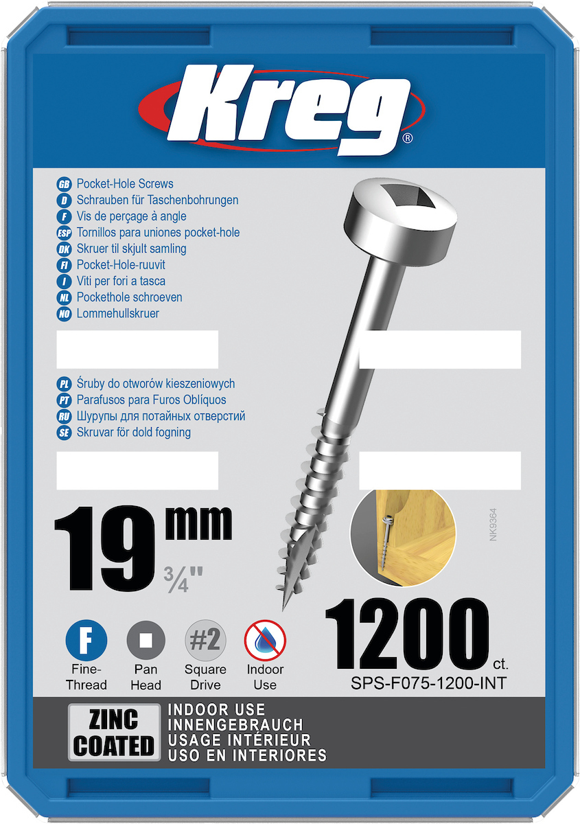Kreg Pocket-Hole Screws 19 mm, Zinc Coated, Pan-Head, Fine Thread, 1200 piece SPS-F075-1200-INT